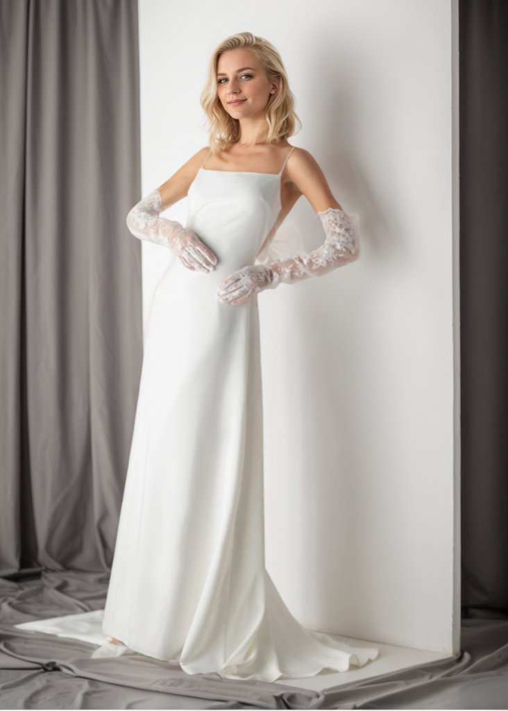 Minimalist Satin Wedding Dress with Delicate Bow Back &amp; Sheer Gloves