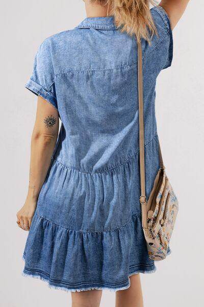 Raw Hem Collared Neck Short Sleeve Denim Dress for Women