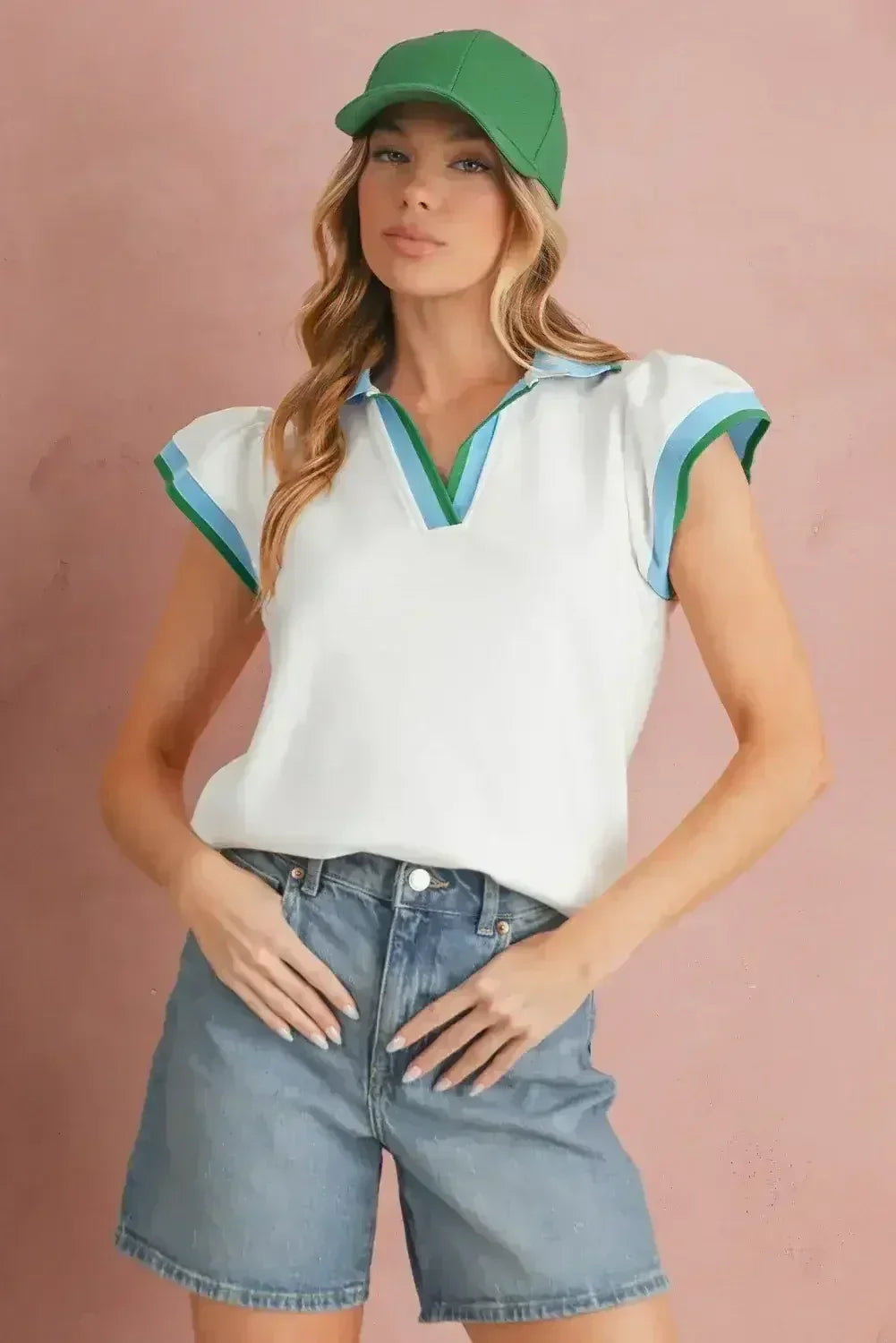Beau Blue Color Collared V Neck Ruffle Sleeve Blouse | Femstylo