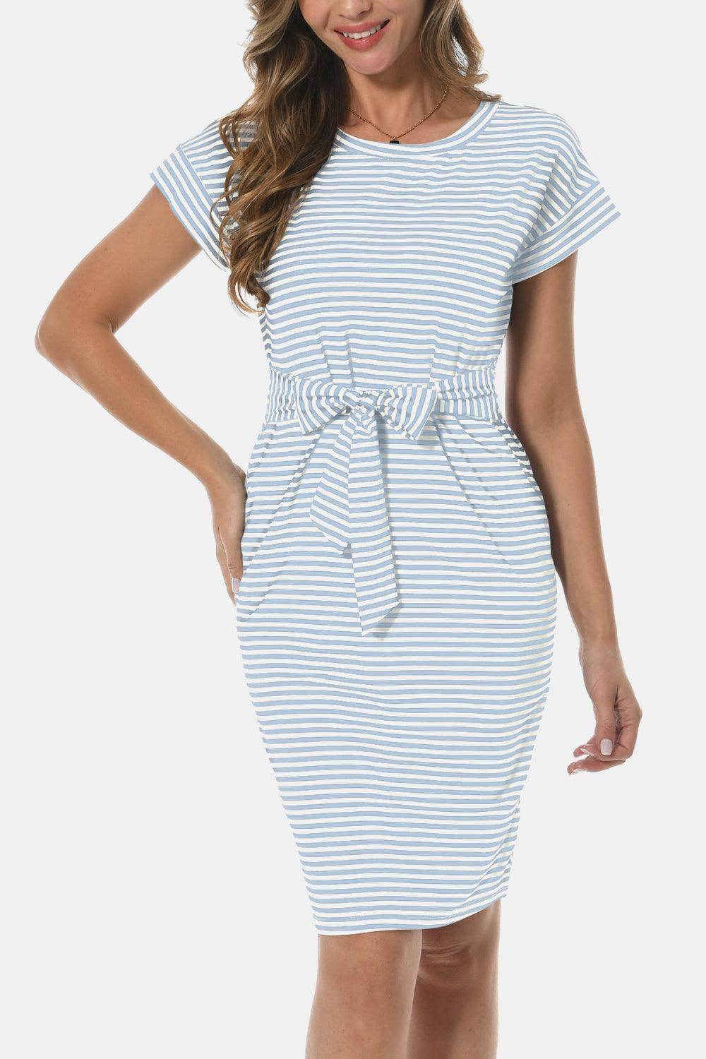 Tie Front Round Neck Short Sleeve Dress for Women
