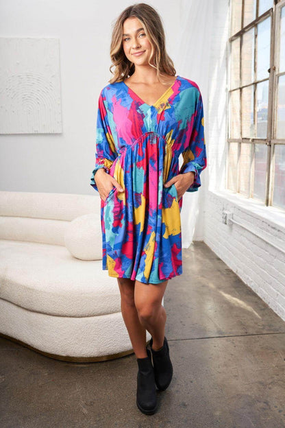 White Birch Full Size Printed V-Neck Mini Dress for Women