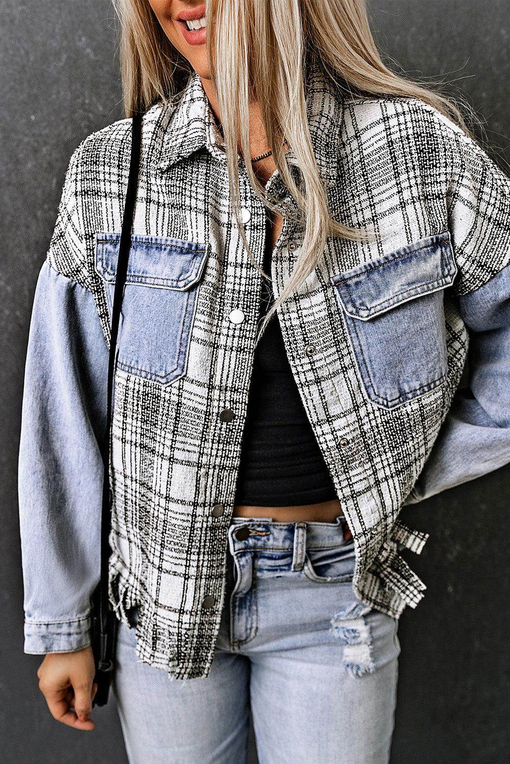 Plaid Pocketed Snap Down Denim Jacket for Stylish Comfort
