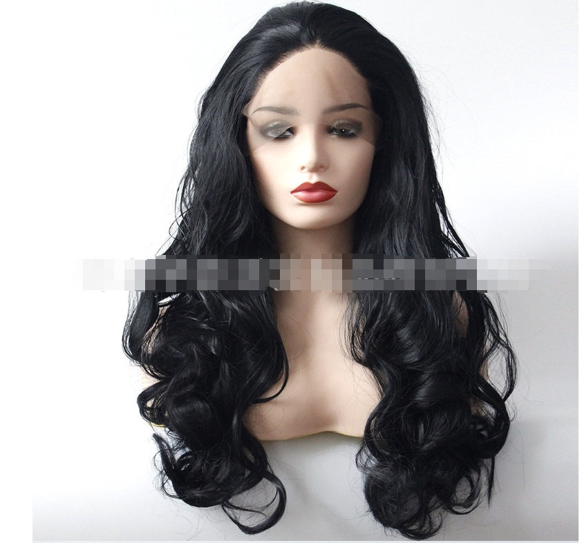 Black big wave wig high-grade chemical fiber front lace head cover