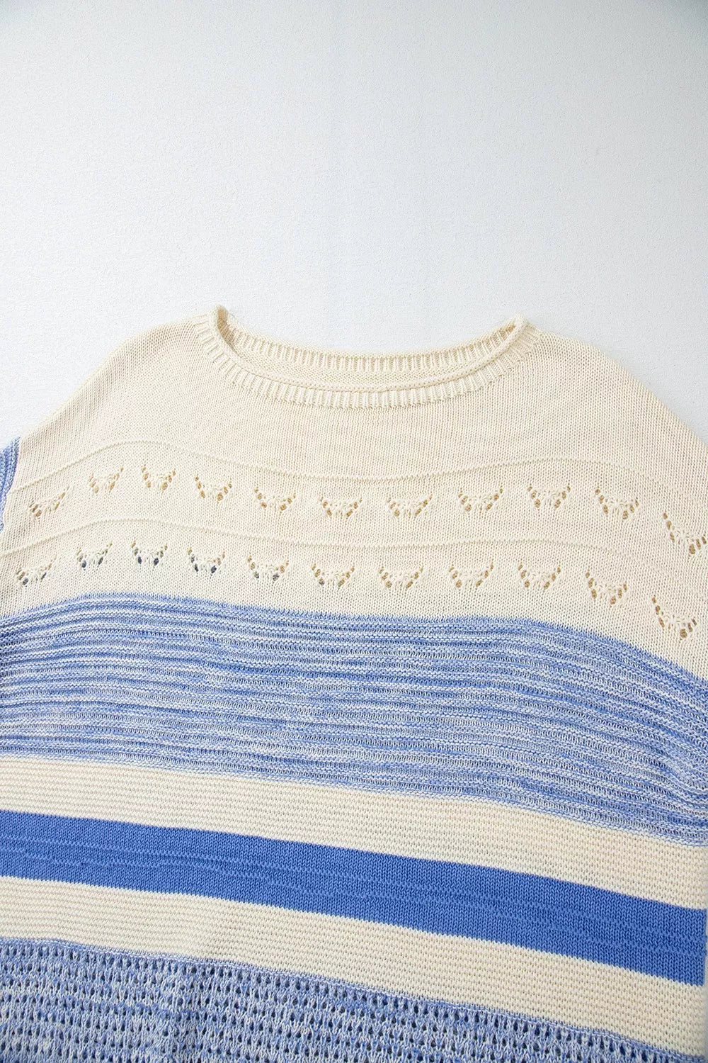 Openwork Striped Knit Long Sleeve Sweater
