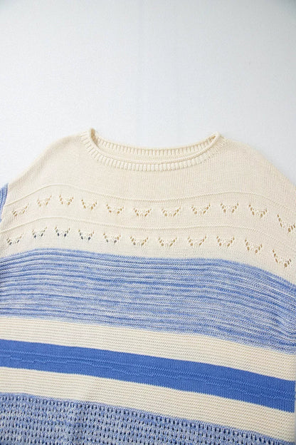 Openwork Striped Knit Long Sleeve Sweater