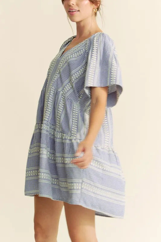 Davi &amp; Dani Embroidered Stripe Ruffled Gingham Mini Dress