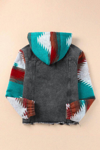 Drawstring Hooded Pocketed Denim Jacket for Women