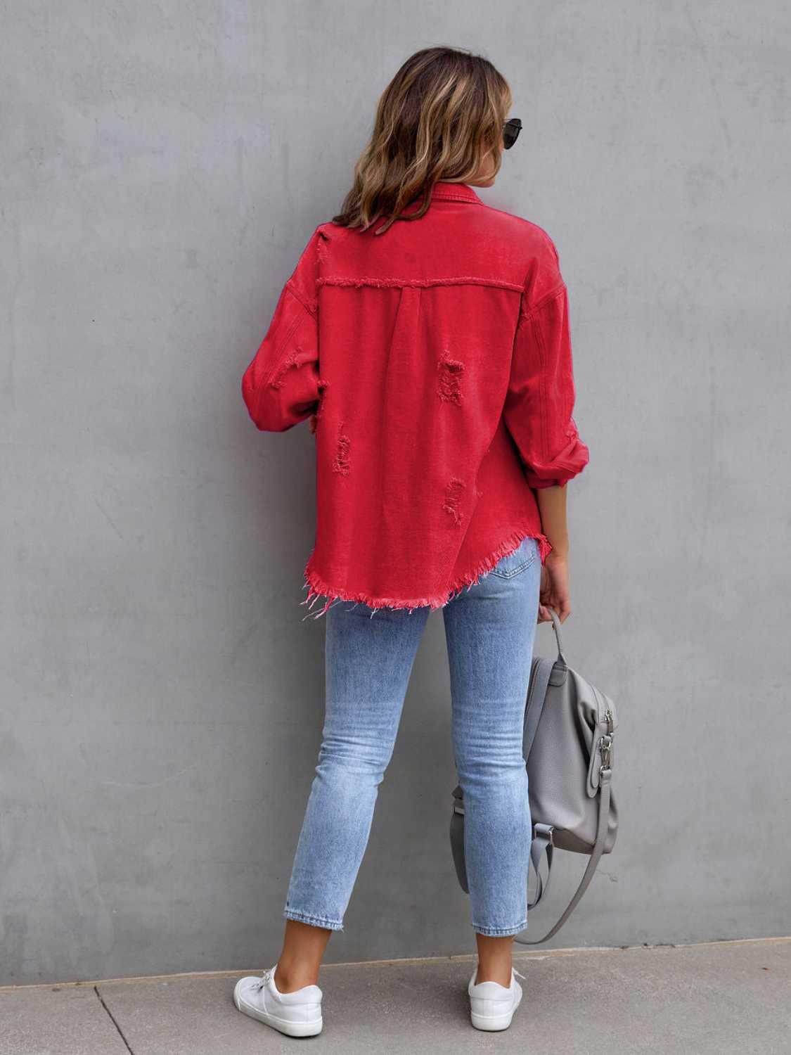 Distressed Drop Shoulder Denim Jacket for Casual Style