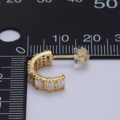 14.5mm Clear Baguette Micro Paved CZ Band C-Shaped Gold Stud Hoops Earrings | AB008
