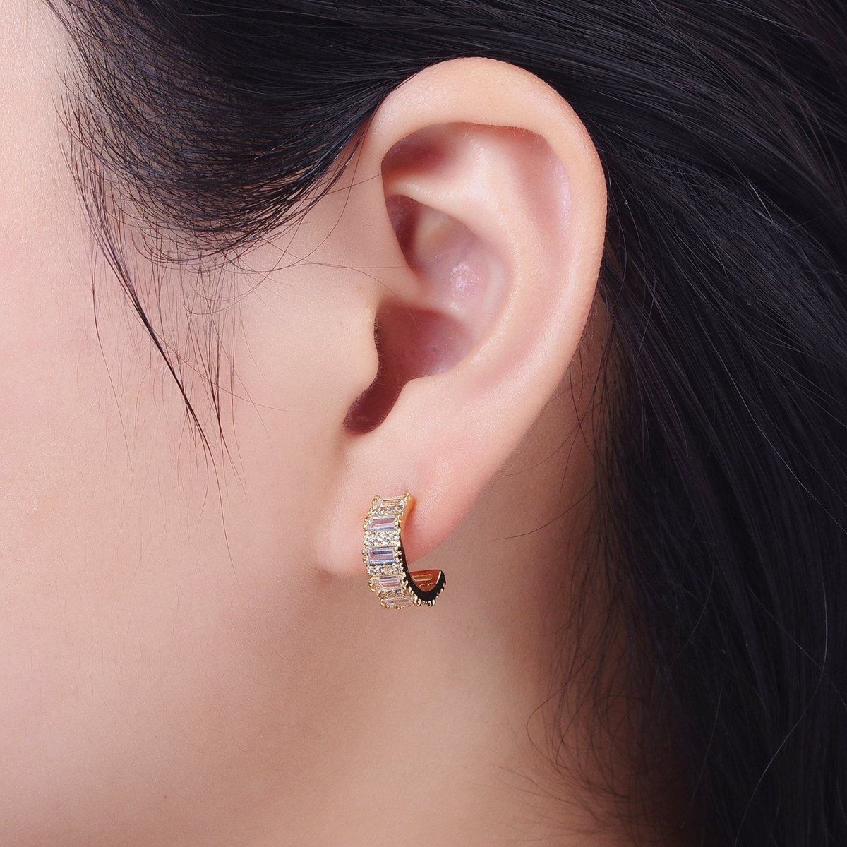 14.5mm Clear Baguette Micro Paved CZ Band C-Shaped Gold Stud Hoops Earrings | AB008