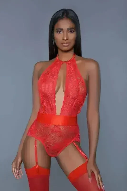 Ophelia Satin Bodysuit – Detachable Suspenders &amp; Plunge Neckline