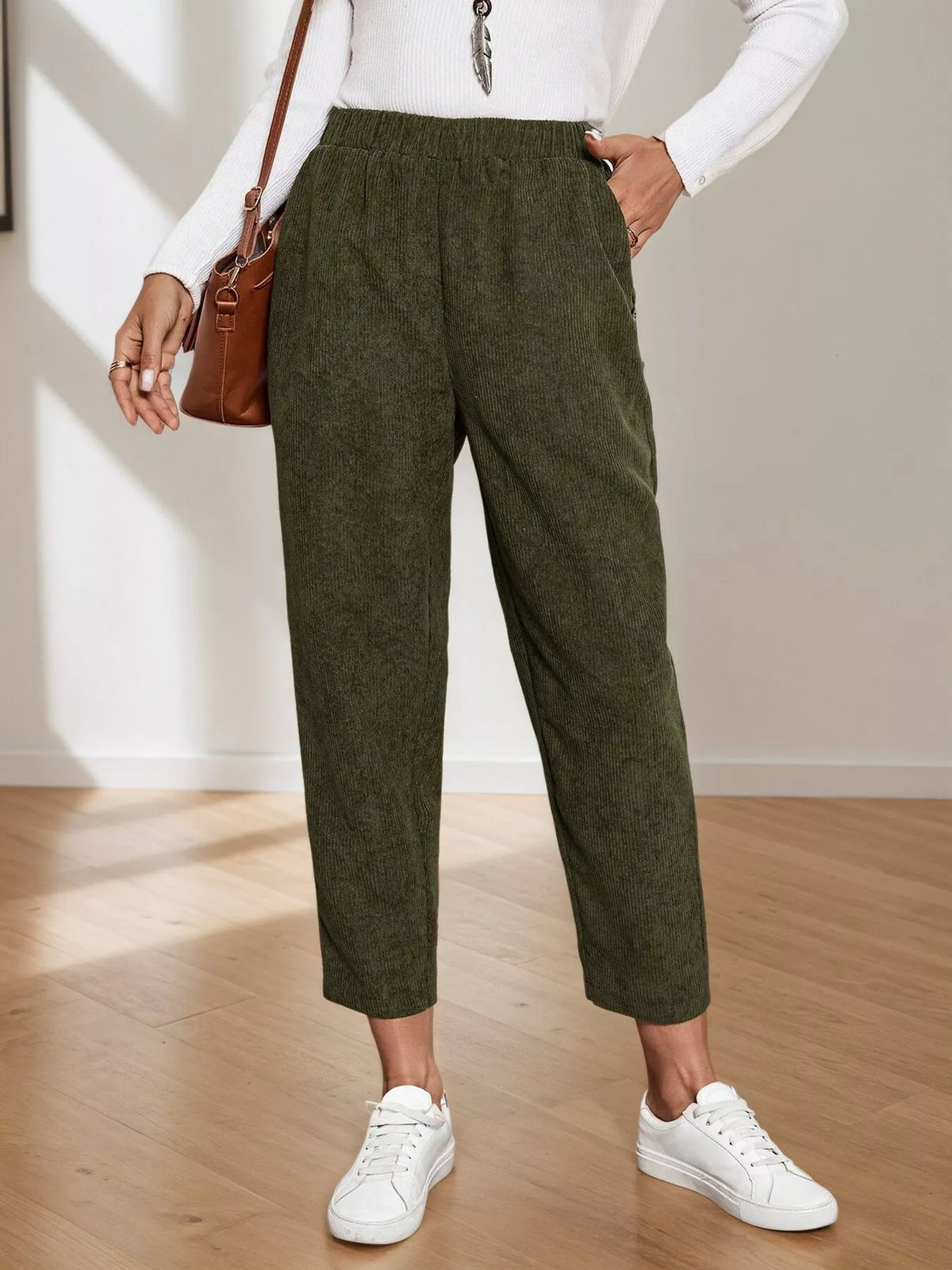 Corduroy Elastic Waist Cropped Pants