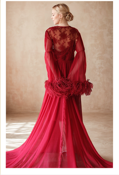 Ethereal Lace &amp; Feather-Trimmed Sheer Bridal Robe – Vintage Luxury Loungewear