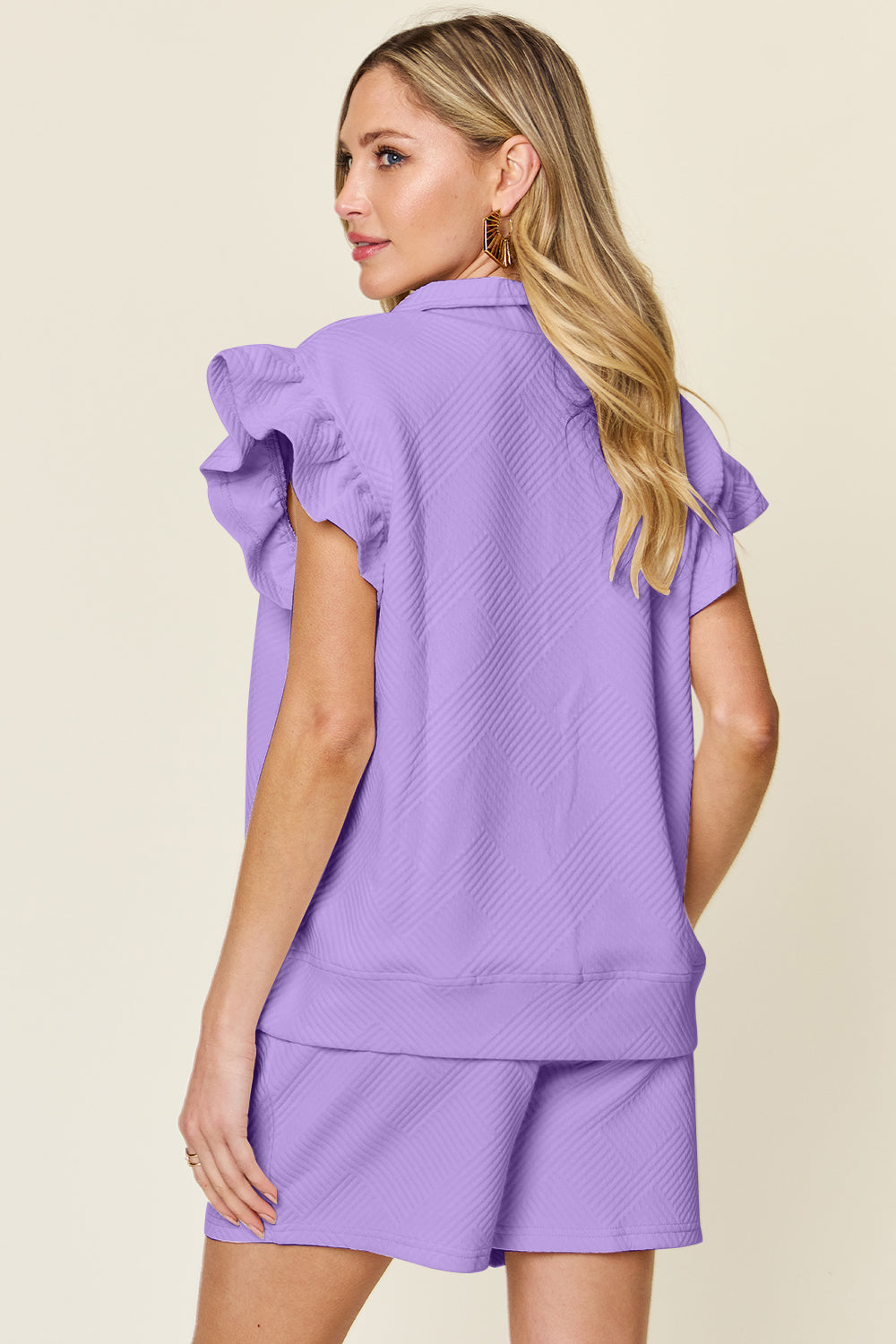 Textured Flounce Sleeve &amp; Drawstring Shorts Set