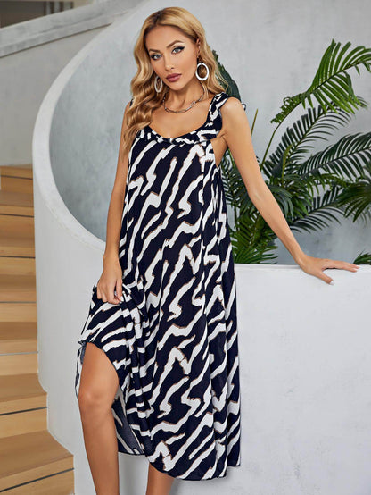 Chic Two-Tone Low Back Midi Dress with Ruffle Neckline