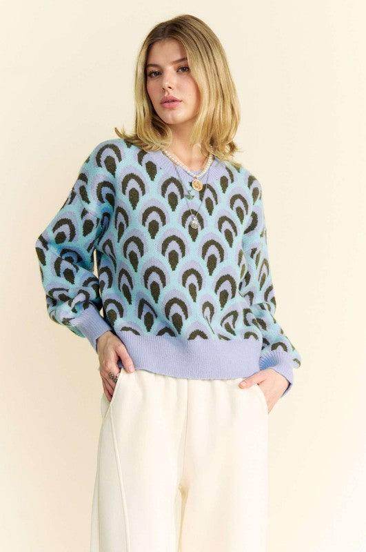 Davi &amp; Dani Scale Jacquard Round Neck Drop Shoulder Sweater