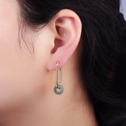 14K God Filled 35mm Jade Donut Drop Oblong Hoop Earrings | AE514