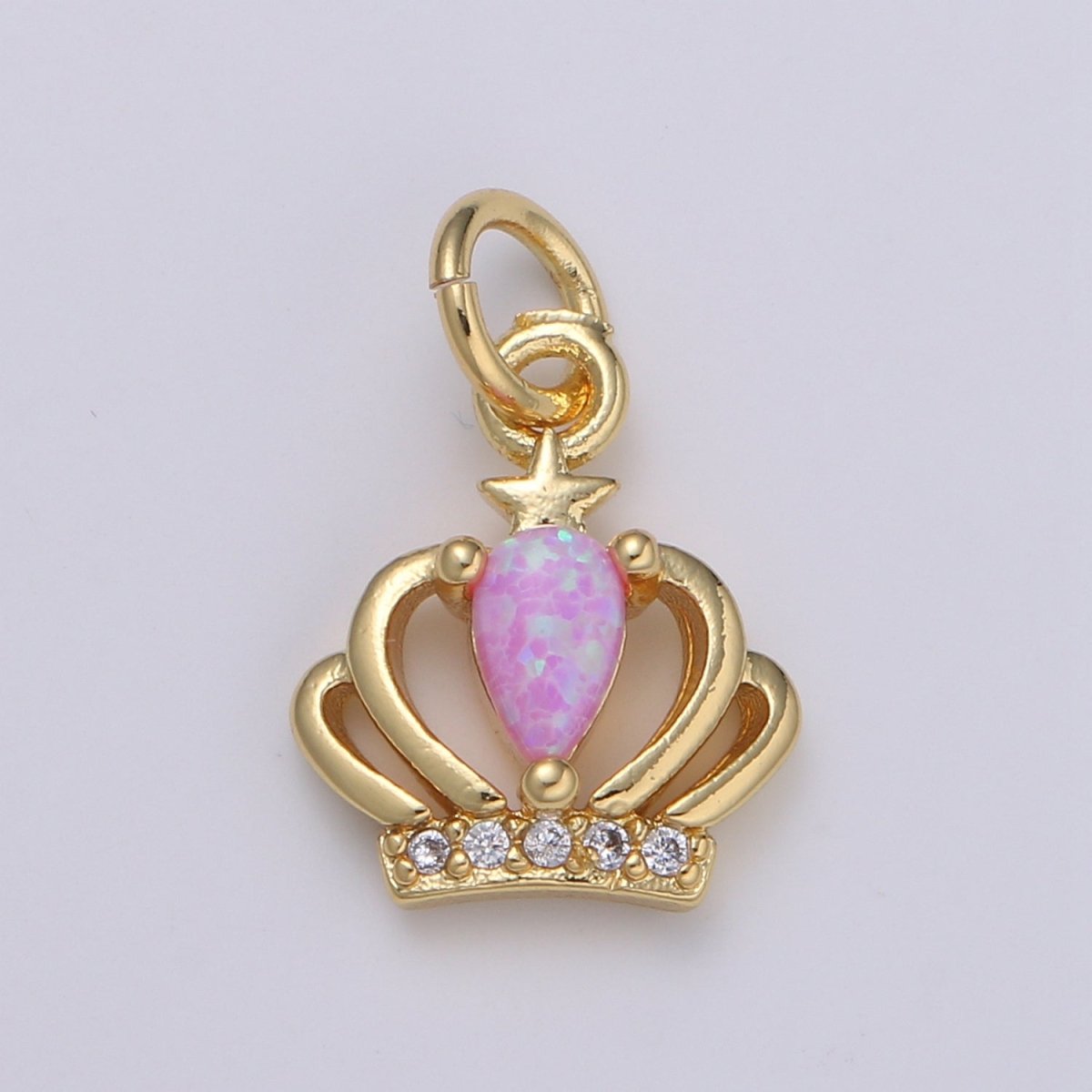 14K Gold Crown Opal CZ Pendant Charm, Micro Pave Charm, White, Blue, Pink Tiara E-029 - E-031