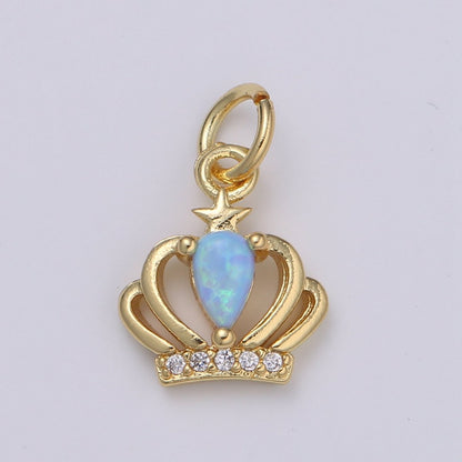 14K Gold Crown Opal CZ Pendant Charm, Micro Pave Charm, White, Blue, Pink Tiara E-029 - E-031