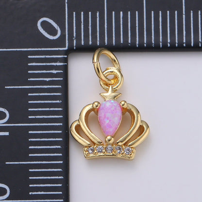 14K Gold Crown Opal CZ Pendant Charm, Micro Pave Charm, White, Blue, Pink Tiara E-029 - E-031