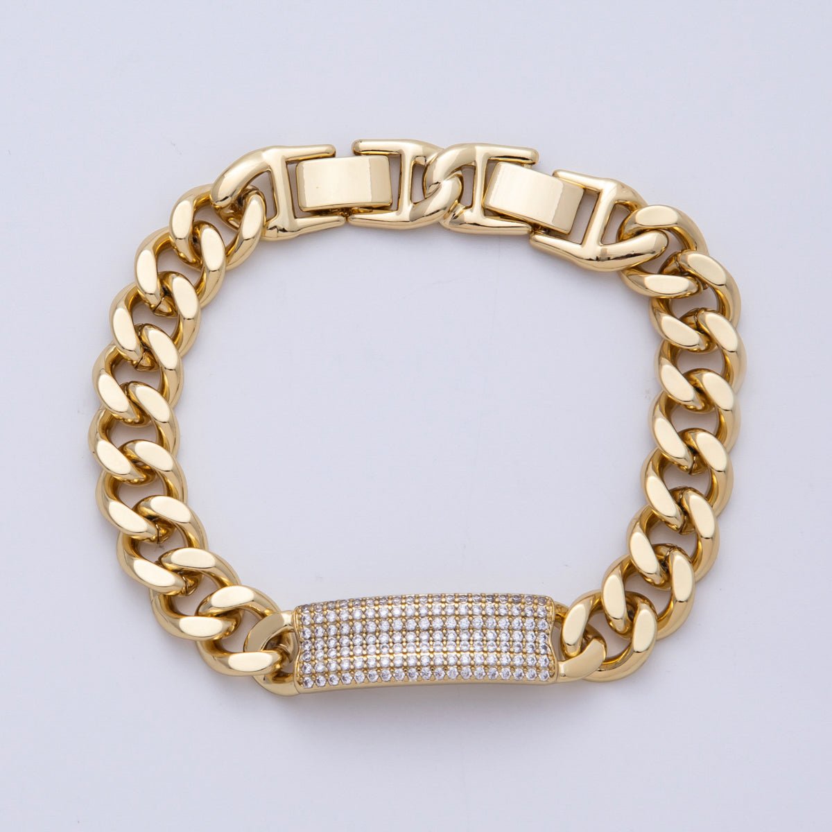 14K Gold Filled 10mm Micro Paved CZ Bar Curb Chain 8 Inch Bracelet | WA-04099