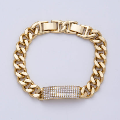 14K Gold Filled 10mm Micro Paved CZ Bar Curb Chain 8 Inch Bracelet | WA-04099