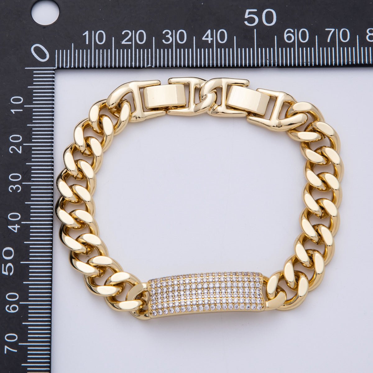 14K Gold Filled 10mm Micro Paved CZ Bar Curb Chain 8 Inch Bracelet | WA-04099