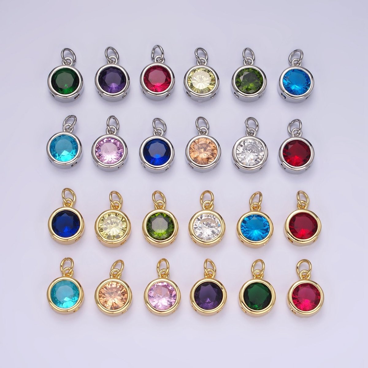 14K Gold Filled 10mm Personalized Birthstone CZ Round Bezel Charm in Silver &amp; Gold | N1575 - N1598