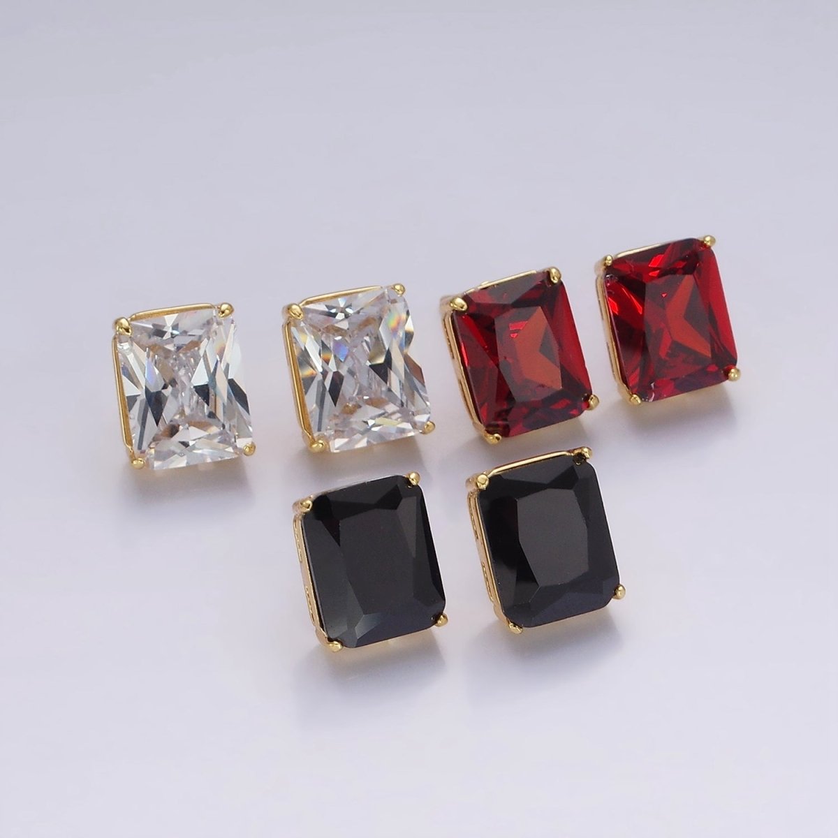 14K Gold Filled 10mm Red, Black, Clear CZ Baguette Stud Earrings | AE958 - AE960