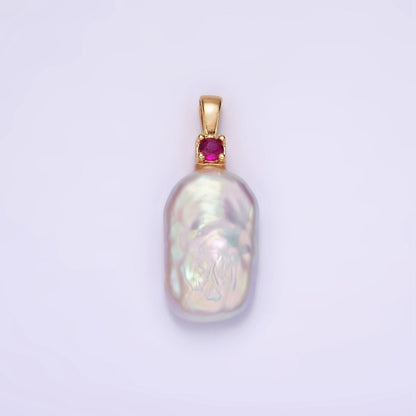 14K Gold Filled 10mm White Rectangular Biwa Freshwater Pearl Green, Pink, Clear, Fuchsia CZ Pendant | P1600 - P1603