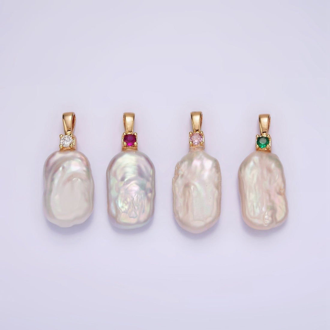 14K Gold Filled 10mm White Rectangular Biwa Freshwater Pearl Green, Pink, Clear, Fuchsia CZ Pendant | P1600 - P1603