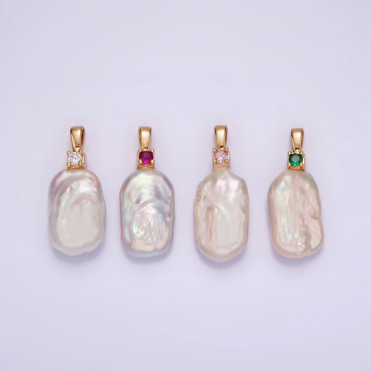 14K Gold Filled 10mm White Rectangular Biwa Freshwater Pearl Green, Pink, Clear, Fuchsia CZ Pendant | P1600 - P1603
