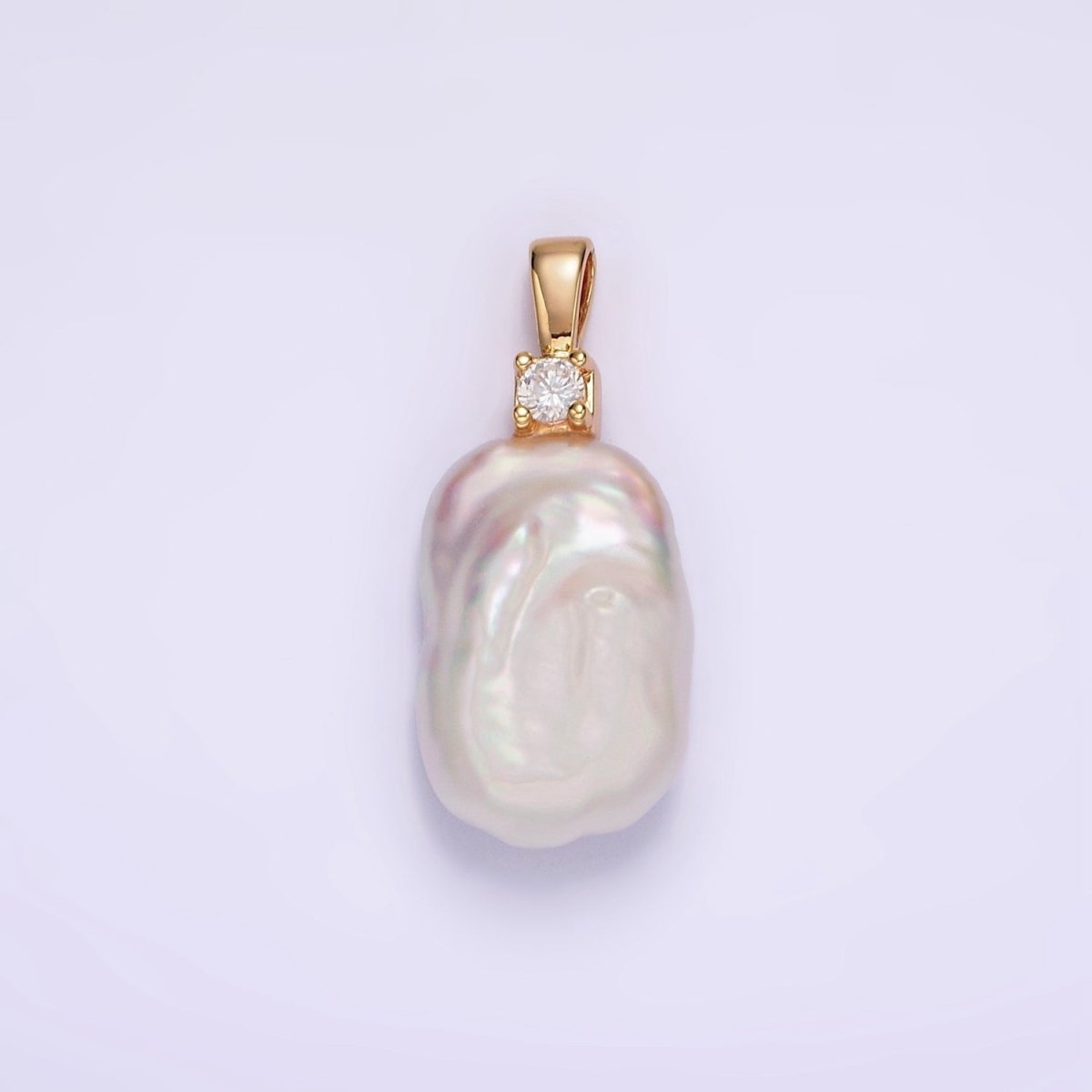 14K Gold Filled 10mm White Rectangular Biwa Freshwater Pearl Green, Pink, Clear, Fuchsia CZ Pendant | P1600 - P1603