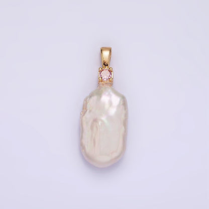 14K Gold Filled 10mm White Rectangular Biwa Freshwater Pearl Green, Pink, Clear, Fuchsia CZ Pendant | P1600 - P1603