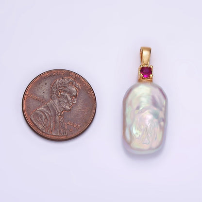 14K Gold Filled 10mm White Rectangular Biwa Freshwater Pearl Green, Pink, Clear, Fuchsia CZ Pendant | P1600 - P1603