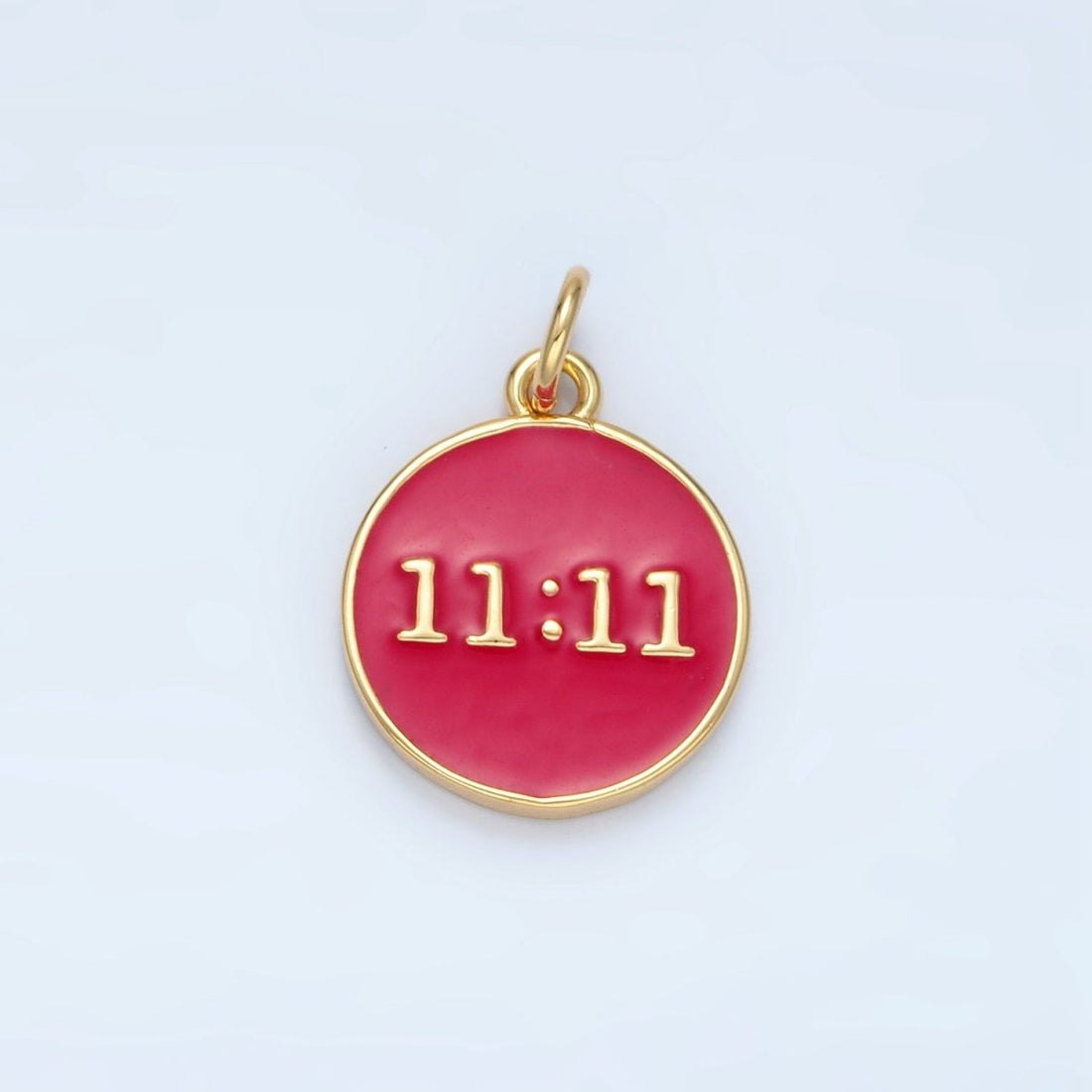 14K Gold Filled "11:11" Angel Number Clock Red Enamel Round Charm | AG940