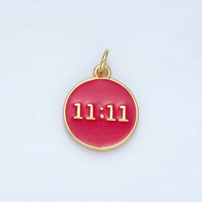 14K Gold Filled "11:11" Angel Number Clock Red Enamel Round Charm | AG940