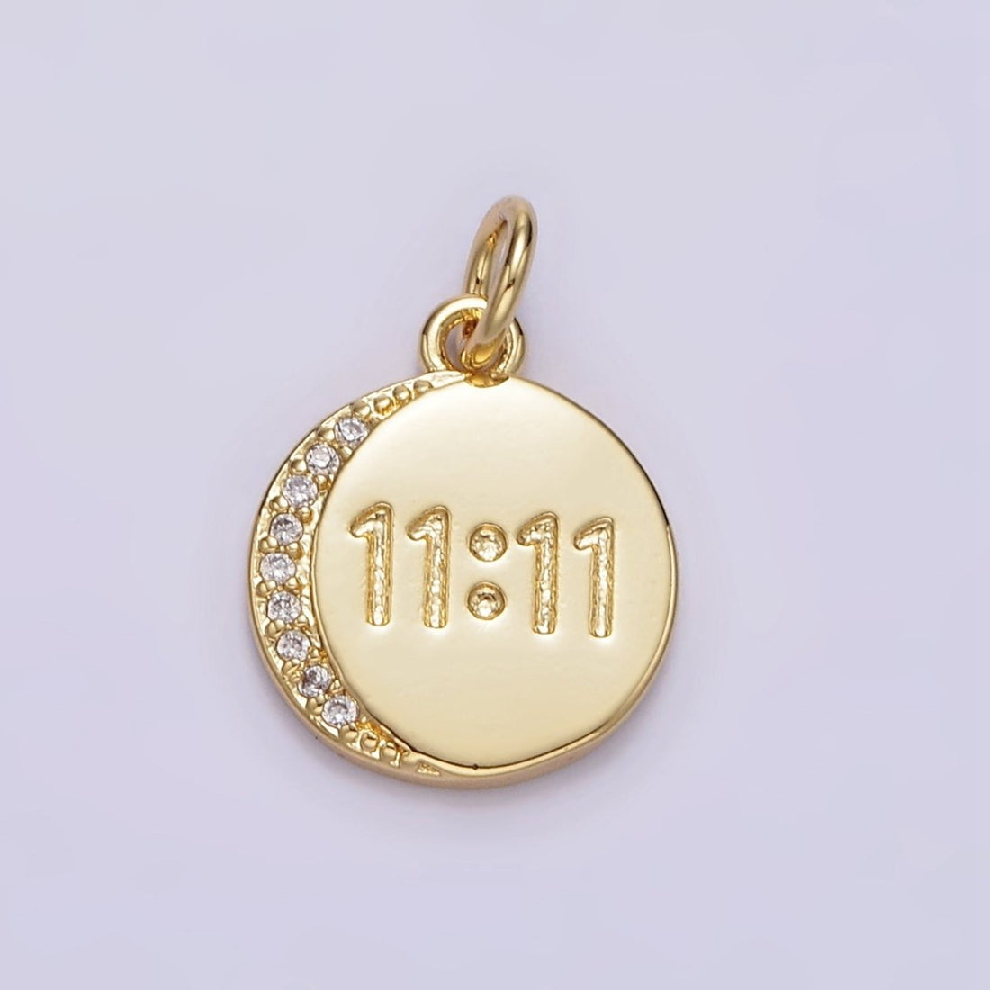14K Gold Filled "11:11" Number Engraved Micro Paved CZ Crescent Moon Round Charm | N-937