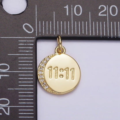 14K Gold Filled "11:11" Number Engraved Micro Paved CZ Crescent Moon Round Charm | N-937