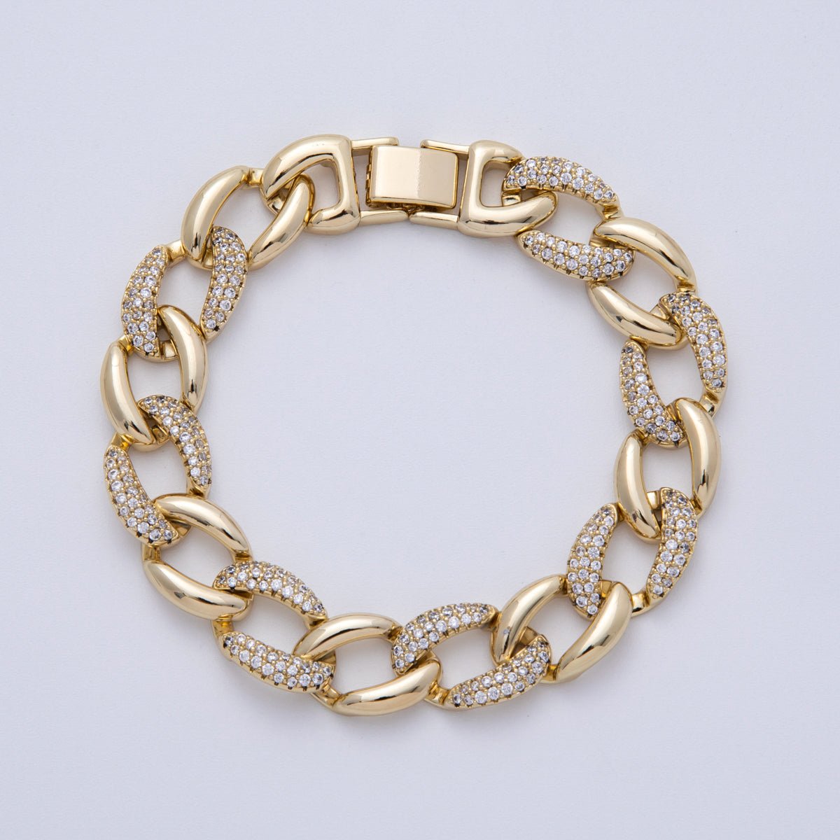 14K Gold Filled 11.5mm Micro Paved CZ Curb Chain 8 Inch Bracelet | WA-4097