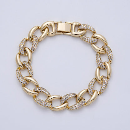 14K Gold Filled 11.5mm Micro Paved CZ Curb Chain 8 Inch Bracelet | WA-4097