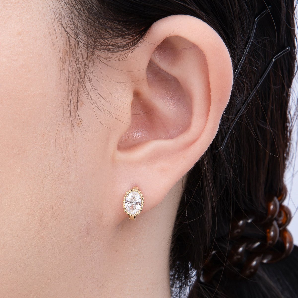 14K Gold Filled 11mm Clear CZ Oval Bezel Solitaire Huggie Earrings | Earrings-00275