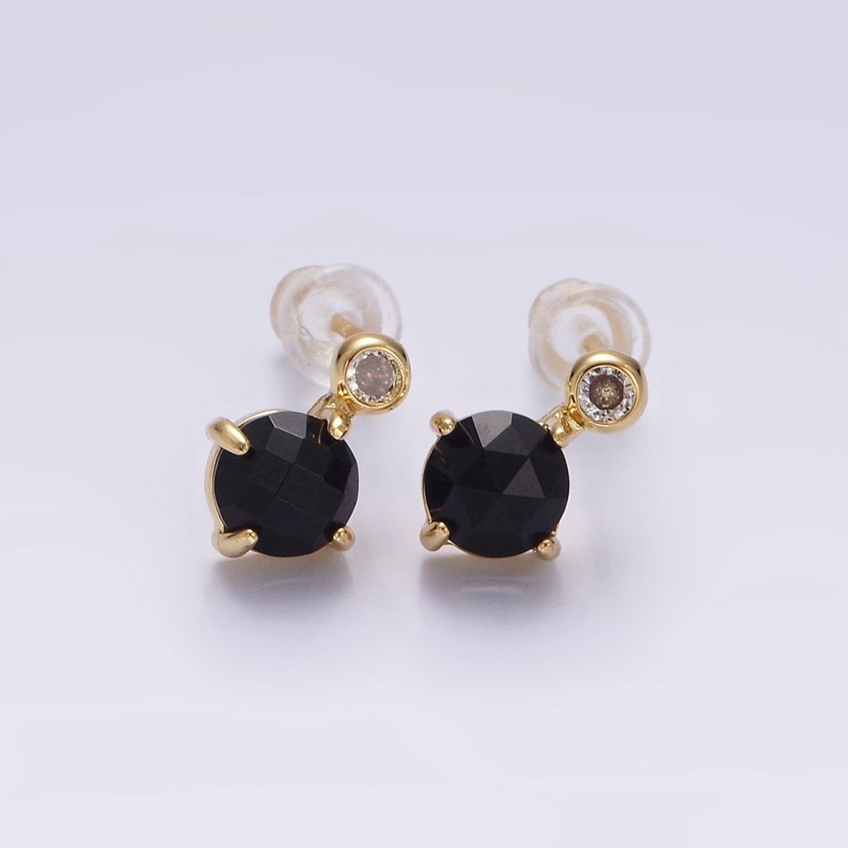 14K Gold Filled 11mm Tiger Eye, Black Agate Multifaceted Round CZ Drop Stud Earrings | V-046 ,  V-048