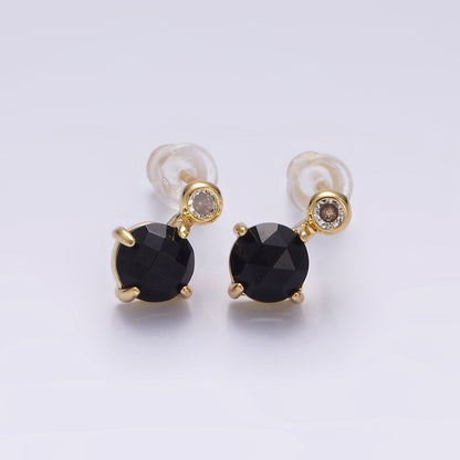 14K Gold Filled 11mm Tiger Eye, Black Agate Multifaceted Round CZ Drop Stud Earrings | V-046 ,  V-048