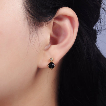 14K Gold Filled 11mm Tiger Eye, Black Agate Multifaceted Round CZ Drop Stud Earrings | V-046 ,  V-048