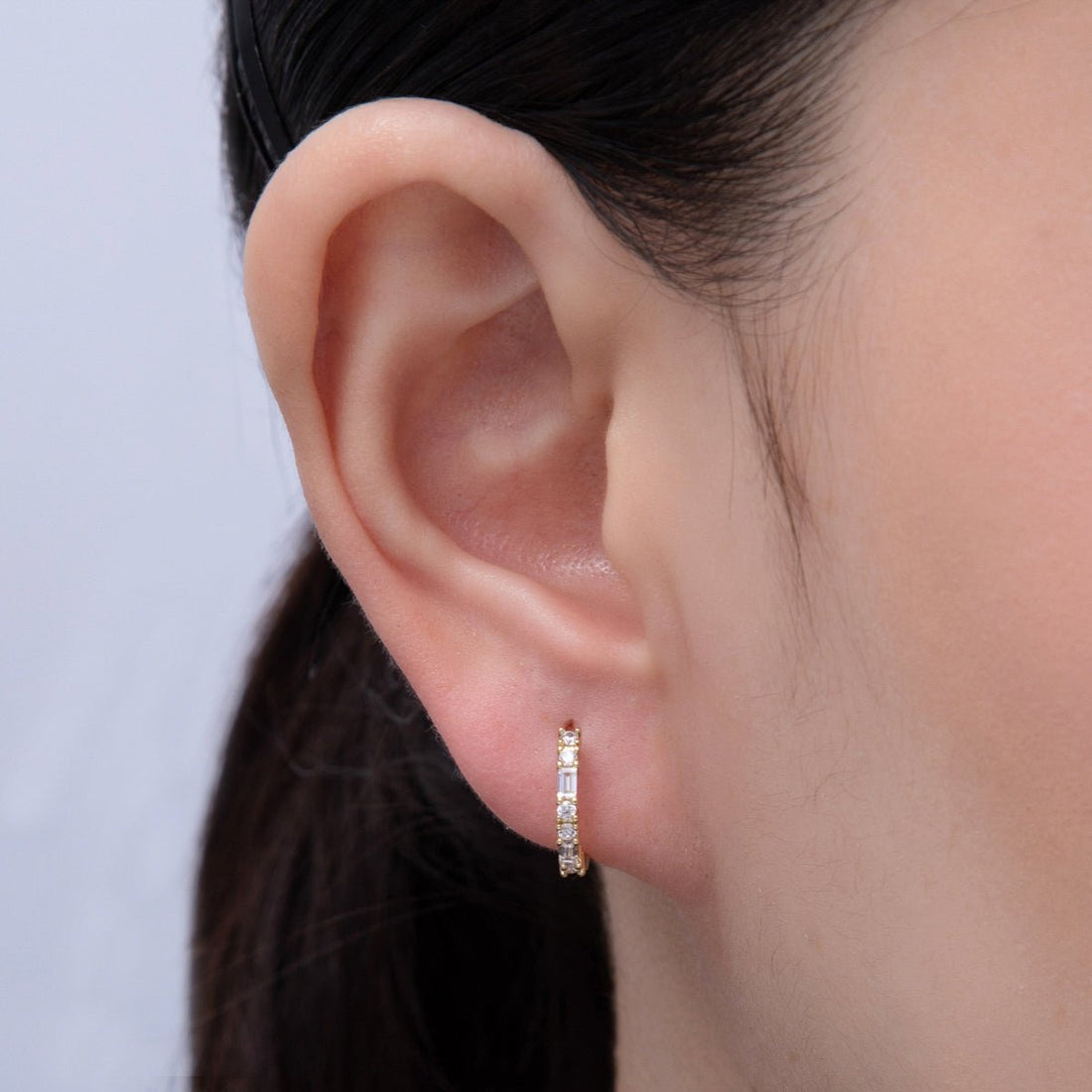 14K Gold Filled 12.5mm Clear CZ Round Baguette Cartilage Huggie Earrings | Earrings-00096