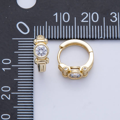 14K Gold Filled 12.5mm Clear CZ Round Bezel Geometric Huggie Earrings | Earrings-00103
