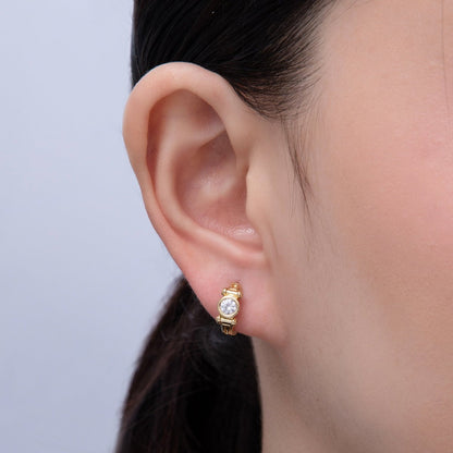 14K Gold Filled 12.5mm Clear CZ Round Bezel Geometric Huggie Earrings | Earrings-00103