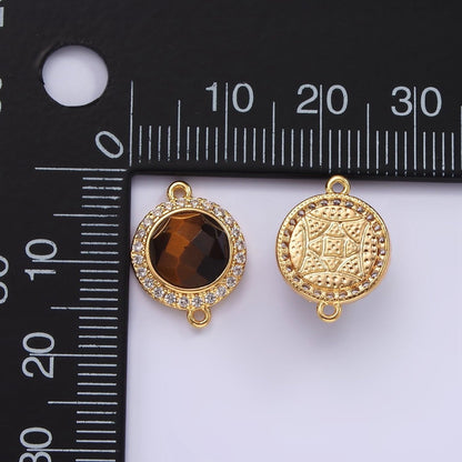14K Gold Filled 12mm Multifaceted Natural Gemstone Micro Paved CZ Round Connector | G143 - G151