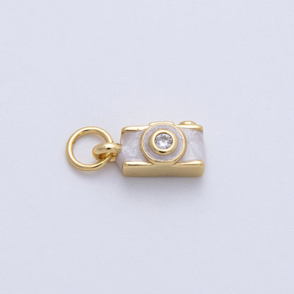 14K Gold Filled 12mm White Enamel Film Retro Digital Camera 3D Multidimensional Charm | Charms-00060
